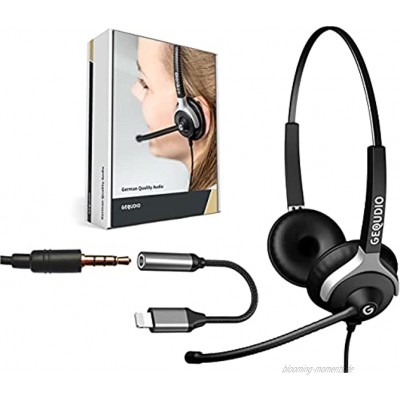 GEQUDIO Headset mit 3,5mm Klinke und Kabel-Adapter kompatibel für iPhone -12-11 -X -XS -8-7 -SE Pro Max Kopfhörer & Mikrofon mit Ersatz Polster leicht 80g 2-Ohr
