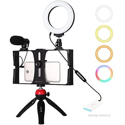 PULUZ 4-in-1 Smartphone-Video-Rig-Set mit 11,9 cm RGBW-Ring LED-Selfie-Licht Mikrofon und Taschen-Stativ-Halterungs-Kits mit Kaltschuh-Stativkopf perfekt für TIK-Tok oder Vlogging-Ausrüstung rot