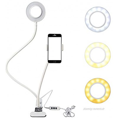Ringlicht mit Handyhalter mit Ausziehbarem Telefonhalter und USB-Anschluss Dimmbar 3 Licht Modi 10 Stufen Helligkeit für Live Stream YouTube Facebook Mobiltelefonen Tablet Laptop Weiß