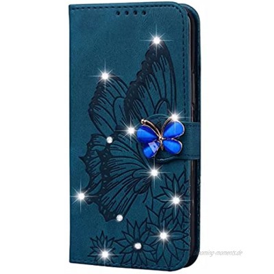Handyhülle für Samsung Galaxy A03S Hülle Glitzer Bling Schmetterling Flip Lederhülle Samsung Galaxy A03S Handyhülle Book Case PU Leder Tasche und Magnet Kartenfach Schutzhülle Handy hüllen Blau