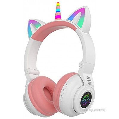 HBOY Kabelloses Kinder-Headset Bluetooth 5.0 Katzenohr-Headset Für Kinder Faltbarer Ohrbügel High-Definition-Sound Eingebautes Mikrofon Mit LED-Blinken,Weiß