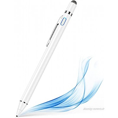 Aktiver Stylus Pen für sämtliche Touchscreens 1,5mm Feiner Spitze Tablet Stift Wiederaufladbar Eingabestift Kompatibel mit iPad iPhone Huawei Samsung Smartphones und Anderen Touchscreen Geräten Weiß