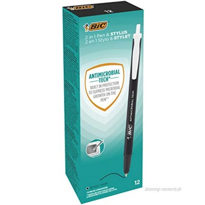 BIC Kugelschreiber Antimicrobial Tech Stifte mit Touchpen-Funktion in Schwarz Strichstärke 0.4 mm 12er Pack Ideal als Krankenschwester Zubehör