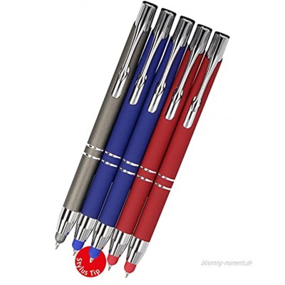 Online Touchscreen Pen | Eingabe-Stift und Kugelschreiber in einem | Handyzubehör Stift zur Nutzung auf Tablet Smartphone Tastaturen Multifunktions-Stift | 5er Set Rot Blau Grau inkl. Ersatz-Tips