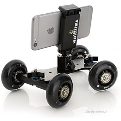 Wolffilms Camrover Mini Kamerawagen kompatibel mit Apple iPhone Samsung Galaxy und Huawei Dolly Slider
