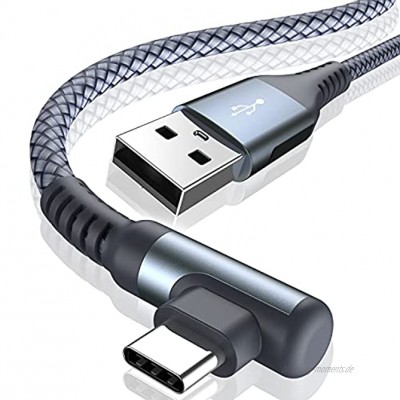 USB C Kabel 90 Grad Winkel [2Stück 2m] Schnellladung Ladekabel USB C Nylon Type C Kabel für Samsung Galaxy S21 S20 S10 S9 S8 Plus,Note10 9 8,M31 M30s M20,A20e A71 A52 A51 A50 A40 A10 A7,Mi9 8Grau
