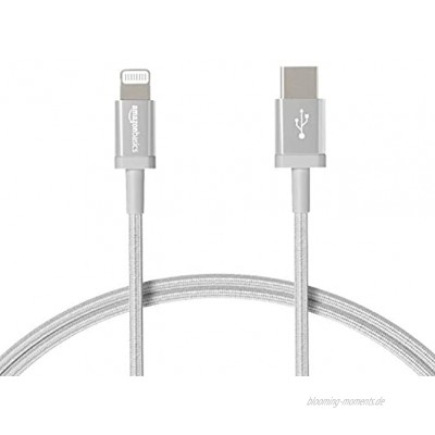 Basics USB-C-auf-Lightning-Kabel geflochtenes Nylon MFi-zertifiziertes Ladekabel für iPhone 12 12 Pro 12 Pro max 11 Pro 11 Pro Max X XS XR XS Max 8 8 Plus Silber 0,9 m