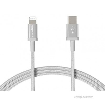 Basics USB-C-auf-Lightning-Kabel geflochtenes Nylon MFi-zertifiziertes Ladekabel für iPhone 12 12 Pro 12 Pro max 11 11 Pro 11 Pro Max X XS XR XS Max 8 8 Plus Silber 1,8 m