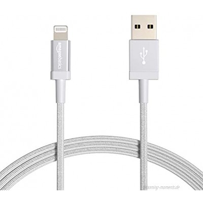 Basics – Verbindungskabel Lightning auf USB-A Nylon-umflochten MFi-zertifiziertes Ladekabel für iPhone silberfarben 1,8 m