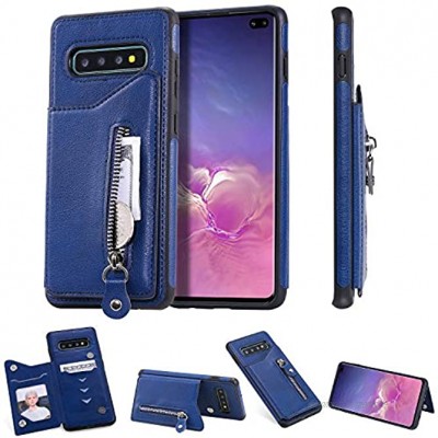 nancencen Kompatibel mit Samsung Galaxy S10 Plus Handyhülle Leder Brieftasche Halterungs Funktion TPU Zurück Flip Cover Schutzhülle Anti-Fall Einfarbig Blau