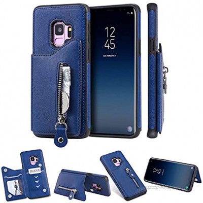 nancencen Kompatibel mit Samsung Galaxy S9 Handyhülle Leder Brieftasche Halterungs Funktion TPU Zurück Flip Cover Schutzhülle Anti-Fall Einfarbig Blau