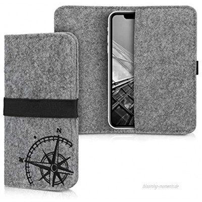 kwmobile Filz Tasche für Smartphones mit Gummiband Handy Filztasche Schutztasche Kompass Vintage Schwarz Hellgrau 14,4 x 7,5 cm Innenmaße