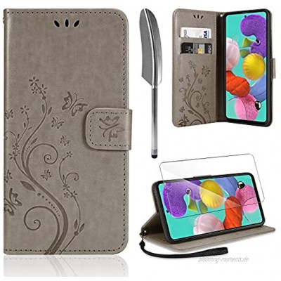 AROYI Lederhülle Kompatibel mit Galaxy A51 4G Hülle und Schutzfolie Flip Wallet Handyhülle PU Leder Tasche Case Kartensteckplätzen Schutzhülle Kompatibel mit Galaxy A51 4G Grau