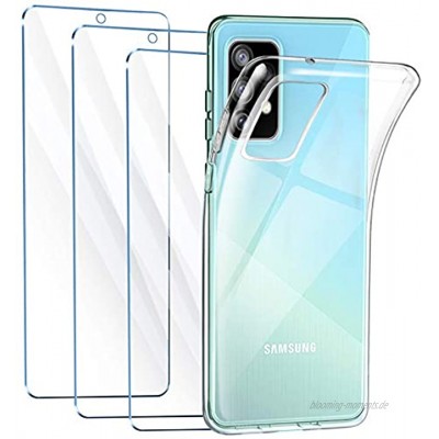 LeathLux Hülle Kompatibel mit Samsung Galaxy A52 5G  4G Galaxy A52s Handyhülle mit 3 Stück Panzerglas Schutzfolie Durchsichtig Case Transparent Silikon TPU Schutzhülle 9H Härte Panzerglasfolie Glas