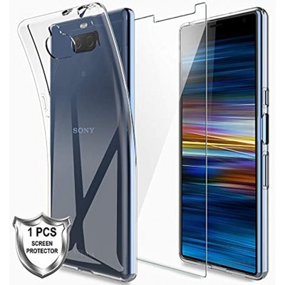 LK Kompatibel mit Sony Xperia 10 Hülle mit 1 Stück Displayschutz Schutzfolie Klar Schutzhülle Transparent TPU Silikon Handyhülle Durchsichtige Case Cover Crystal Clear