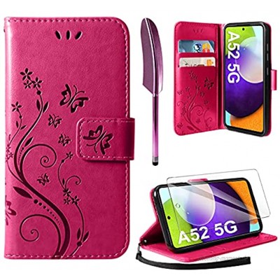 AROYI Lederhülle Kompatibel mit Samsung Galaxy A32 5G M32 5G Hülle und Schutzfolie Flip Wallet Handyhülle PU Leder Tasche Case Kartensteckplätzen Schutzhülle Rosenrot