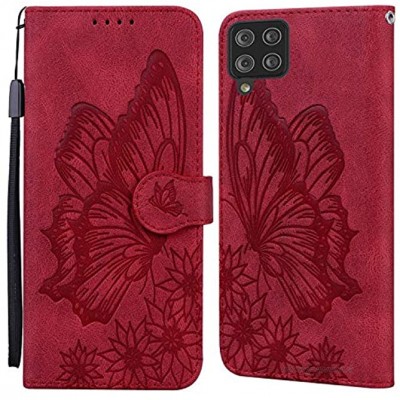 JRIANY Hülle für Samsung Galaxy A12 Lederhülle Brieftasche Handyhülle mit Schmetterling Blume Muster PU Leder Tasche Case Klapphüllen Standfunktion Magnetverschluss Stoßfest Schutzhülle Rot