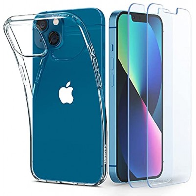 Spigen Crystal Pack Kompatibel mit iPhone 13 Mini Hülle 2 gehärtete Gläser enthalten Handyhülle dünn transparent silikon -Crystal Clear